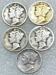 Lote de 5 monedas de diez centavos de mercurio 1925 P&D, 1926 P, D&S #N241 - Imagen 1 de 2