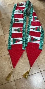 Gesteppter Weihnachten Tischläufer XXL 109”x13” Handarbeit zusammengesetzte Bäume Gold Quasten - Bild 1 von 10