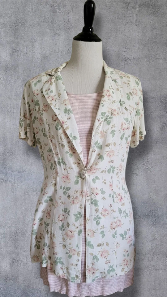 复古 All That Jazz 2 件装迷你连衣裙 Cottagecore 9/10 S/M 粉红色花卉格子 — 第 1/4 张图片