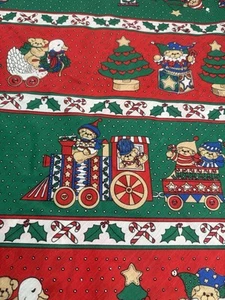 Vintage Printed Christmas Fabric Tablecloth- 59" x 78" oval, Bears, Trains - Picture 1 of 4