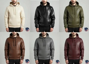 Men's Premium Leather Hoodie Handmade Authentic Genuine Lambskin Leather Jacket - Picture 1 of 12