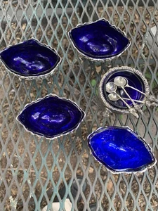 Victorian Musterd Dishes. Sterling & Cobalt Blue Glass 4 Sterling Spoons - Picture 1 of 3