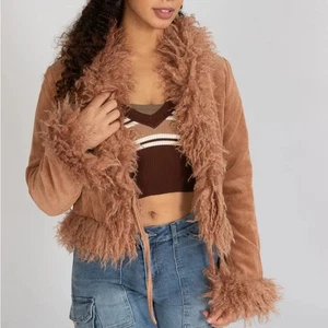 NWT Love Tree Faux Fur Trim Corduroy Jacket Women’s Large Camel Brown Y2K - Picture 1 of 10