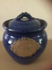Pot ,stone, blue biscuit container with lid,7"tall,6"at top,4.5"at bottom