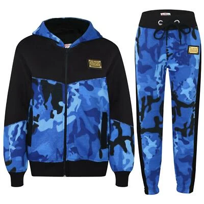 Boys Girls Tracksuit Camouflage Blue Fleece Hoodie Top Joggers Bottom Suit Set - Image 1 of 2