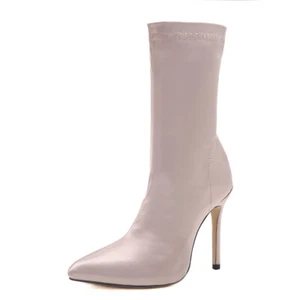 Womens Mid-Calf Boots Satin Stiletto High Heel Booties Pointed Toe Shoes Pull On - Picture 1 of 26