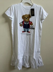 Polo Ralph Lauren Big Girls Polo Bear Cotton Jersey T Shirt Dress White L - Picture 1 of 5