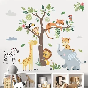 Jungle Animals Tree Wall Decals Elephant Giraffe Lion Safari Wall Stickers Baby - Picture 1 of 2