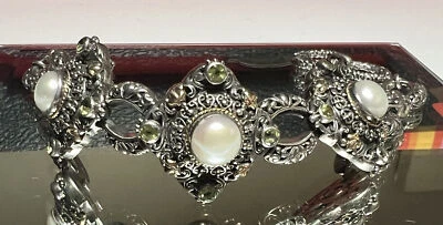 STERLING SILVER 18k GOLD PERIDOT PEARL FLOWER BRACELET DESIGNER GA LOVE & DREAM - Image 1 of 4