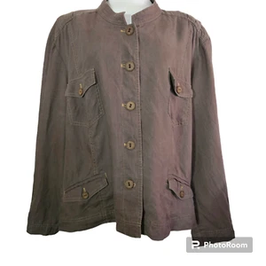 Sigrid Olsen Linen Button Up Jacket Size 24W Brown Long Sleeve Wood Buttons - Picture 1 of 10