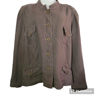 Sigrid Olsen Linen Button Up Jacket Size 24W Brown Long Sleeve Wood Buttons - Image 1 of 4