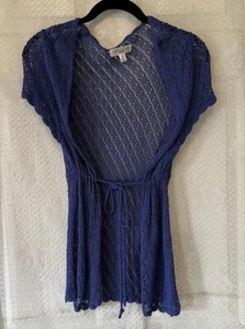 John Paul Richard Blue Crochet Open Front Cardigan Sweater Boho Petite Medium PM - Picture 1 of 6