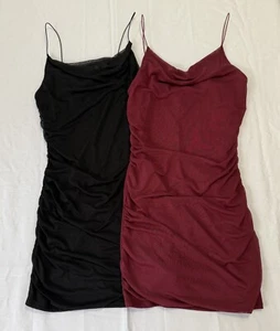 Wild Fable Bodycon Mini Dress with Mesh Overlay Black and Berry Size S Set of 2 - Picture 1 of 8
