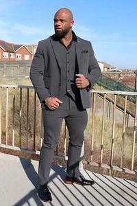 Men's Dark Grey Charcoal Three-Piece Suit Wedding Groom Racing Prom Stretch Fit - Picture 1 of 13