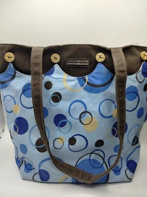 Bolso de Mano Longaberger Azul Claro Marrón Beige Patrón Círculo Botones Madera Foto 1 de 4