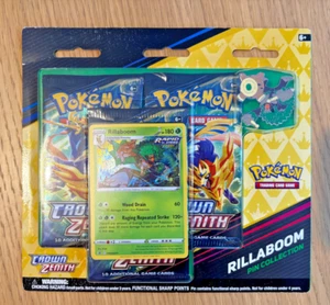 Pokemon Crown Zenith Rillaboom Pin Collection 3 Pack Blister NEW/SEALED - Picture 1 of 2