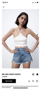 Zara Mid-Rise Frayed Blue Denim Shorts, Size 6 (34) - Picture 1 of 4