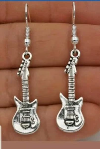 Neu Tibetisches Silber E-Gitarre Musikinstrument Charm Haken Ohrhänger - Bild 1 von 2