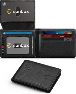RUNBOX Geldbörse für Herren Slim Rfid Leder 2 Ausweise Schwarz-Gemüse Gegerbtes Leder - Bild 1 von 6
