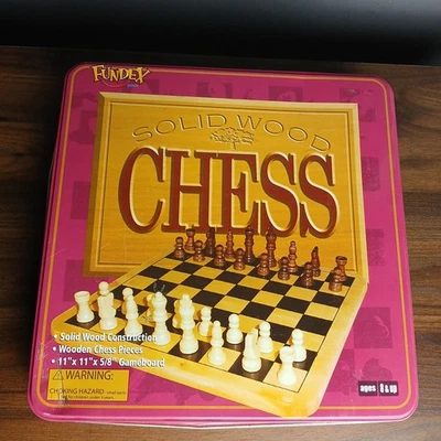 Fundex Games Solid Wood Chess Set Brown & Biege Pieces Tin Box Manual Included - Image 1 of 4