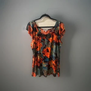 Lucy & Laurel Women's Medium Black & Red Floral Blouse with Flutter Sleeves - Picture 1 of 5