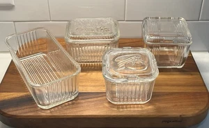 Vintage Federal Clear Glass & Hazel Atlas 7 Pc. Veggie Ribbed Refrigerator Set - Picture 1 of 9