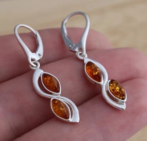 Cognac Baltic Amber 925 Sterling Silver Dangle Drop Earrings Gift Boxed - Picture 1 of 1