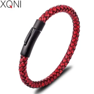 Red Color Braided Leather Bracelets Men Fashion Jewelries Charms Bangle Bracelet - Picture 1 of 17