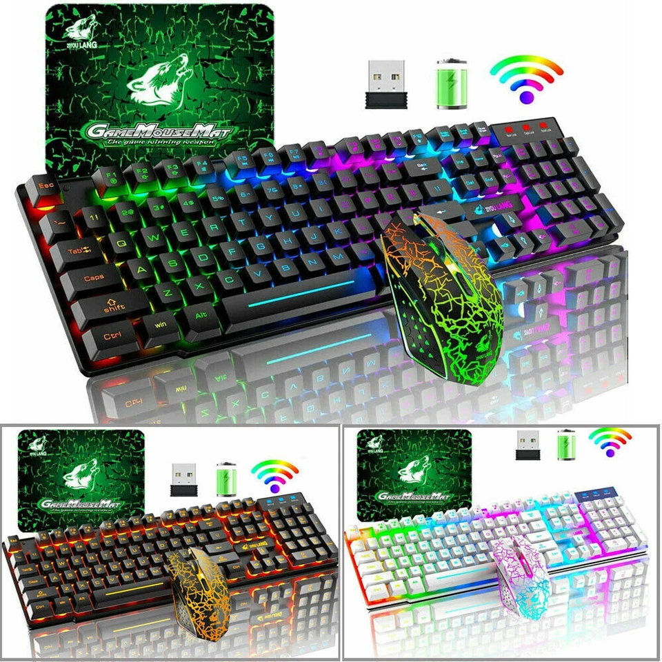 Wireless /Wired Gaming Keyboard Mouse Combo LED Rainbow Backlit Mechanical Feel - Image 1 of 4