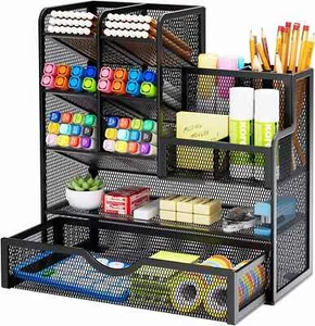 Mesh Pen Holder Desk Organizer with Drawer for Office Art Supplies - Picture 1 of 5
