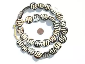 Swirl Design Batik Bone Beads Circular 20mm Kenya African Black and White Flat - Picture 1 of 1