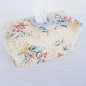 Tissue Box Cover Handmade Vintage Cream Floral Print Silver Circle Opening - Picture 1 of 16