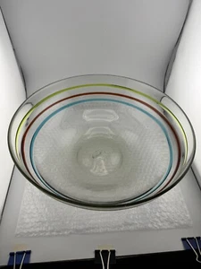 Hand Blown Glass Bird Bath Bowl With Green Red Blue Stripes Exquisite Piece - Picture 1 of 3