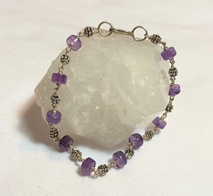 Sterling Silber 925 Perlen & Amethyst Edelstein Armband 7" lang Hakenverschluss - Bild 1 von 7