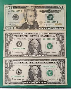 Very Low Serial Number $20 & $1 Dollar Bills (00000025) (00000360) - Picture 1 of 4