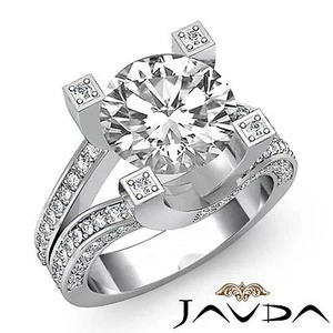 Anillo de compromiso redondo de diamantes con vástago dividido pavé GIA F-SI1 oro blanco de 14 k 3 quilates - Imagen 1 de 12