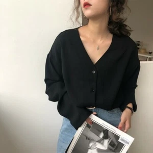 Korean Women V Neck Buttons Solid Chiffon Shirt Loose Casual Slim Top Blouse - Picture 1 of 3