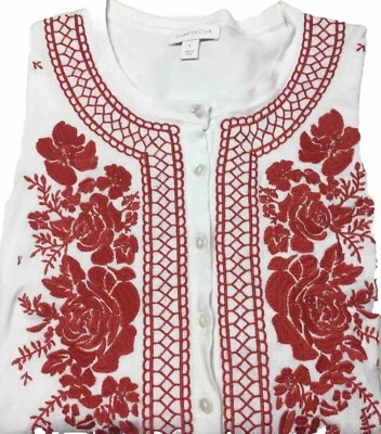 Cárdigan Suéter Charter Club Cottagecore Blanco y Rojo Bordado Floral Talla S Foto 1 de 4