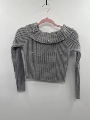 Suéter Exuberante Para Mujer Pequeño Gris Tejido Acanalado Estrás Fuera del Hombro Recortado Nuevo sin Etiquetas Foto 1 de 4