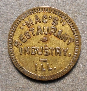 D664 Industry, Ill., “Mac’s” Restaurant   Good For 5c In Trade. Brass, 21mm, un - Picture 1 of 2