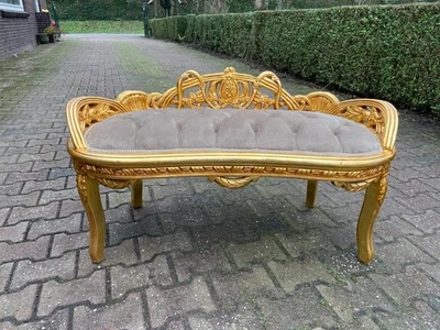 Sofa Couch Bench Louis XVI French Gold Beech Frame Tan Velvet Vintage Settee - Image 1 of 4