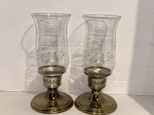 2 Princess House Heritage Etched Crystal & Brass Hurricane Candle Stick Holders - Picture 1 of 14