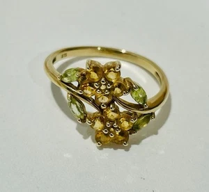 9ct Yellow Gold Double Cluster Citrine And Peridot Cocktail Ring - Picture 1 of 2