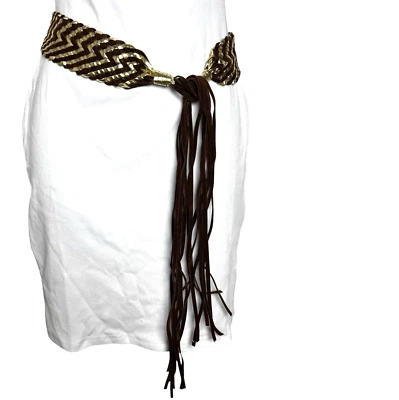 Vintage Y2K gold & brown wide statement belt suede fringe ties shut One size - Image 1 of 3