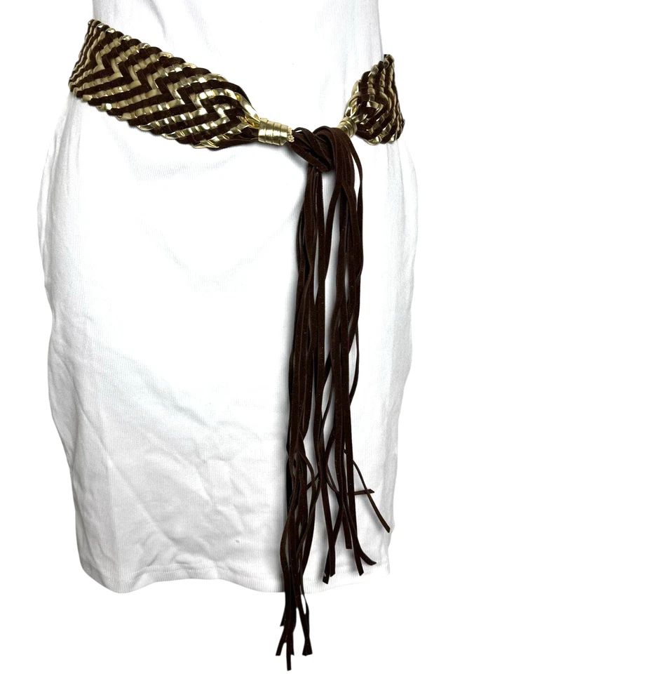 Cinturón ancho vintage Y2K dorado y marrón llamativo gamuza flecos lazos cerrados talla única Foto 1 de 3