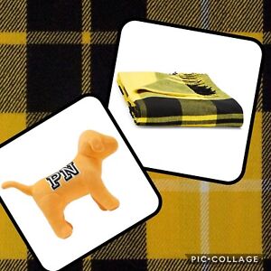 NWT Victoria's Secret PINK Tailgate Fringe Blanket Yellow PLAID & Gold Glow Dog