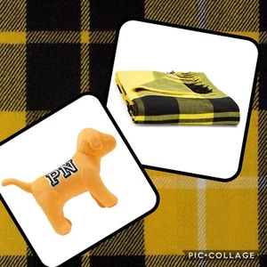 NWT Victoria's Secret PINK Tailgate Fringe Blanket Yellow PLAID & Gold Glow Dog - Picture 1 of 12