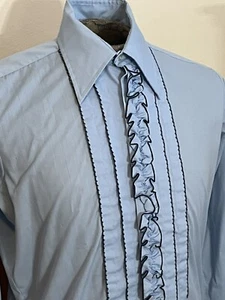 Vtg  After Six Blue Black Tuxedo Ruffle Shirt M/L - Picture 1 of 8