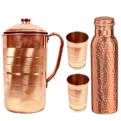 Pure Copper Water Pitcher 2 Litre Hammered Bottle Flasks Tumber Glass Set Of 4 - Image 1 of 4