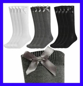 6 Paar Mädchen Knie High School Socken mit Schleife Baumwolle Schleife schwarz marinegrau weiß - Bild 1 von 5
